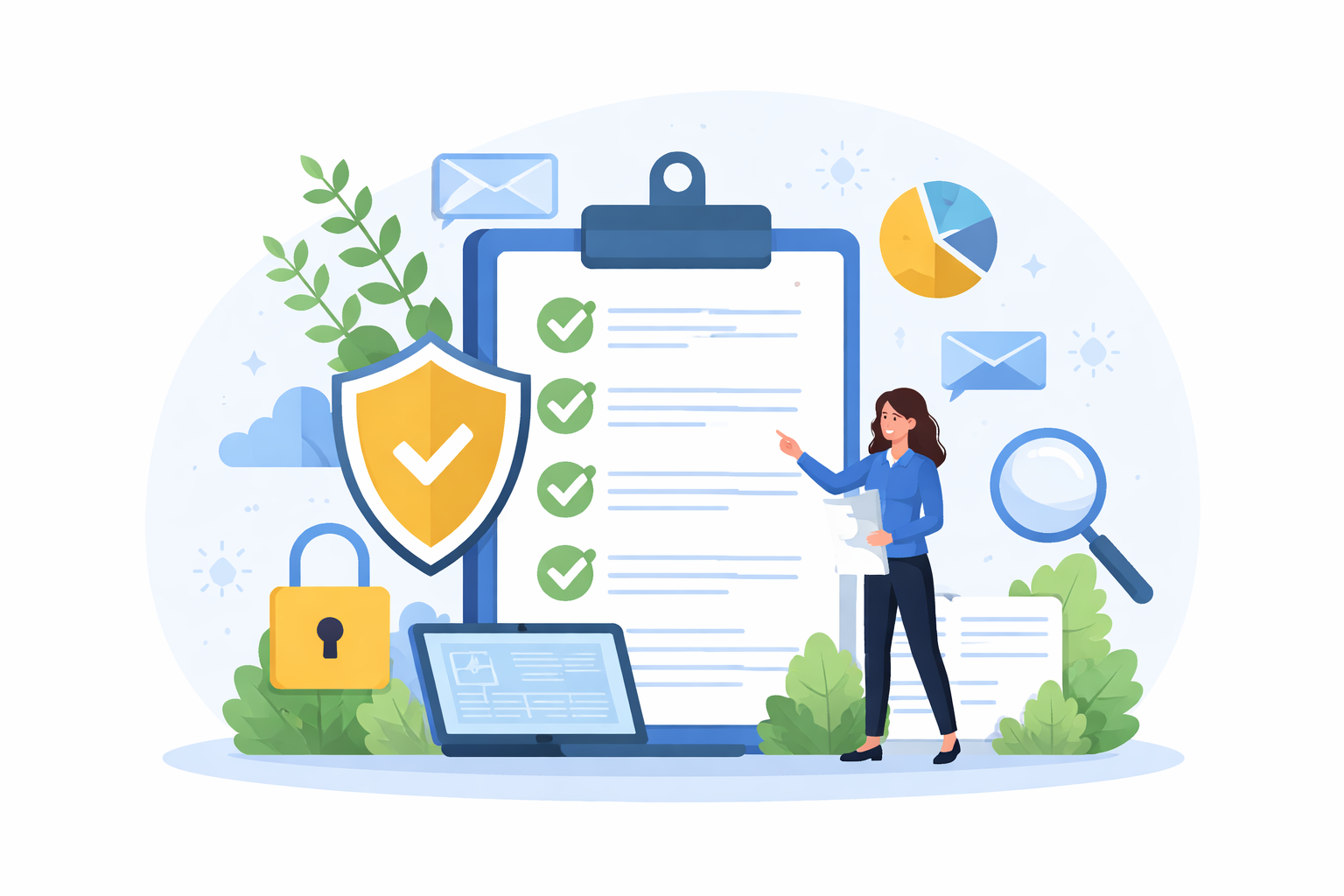 Illustration showing GDPR compliance, data protection and secure business software